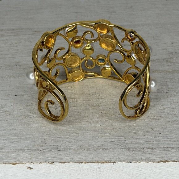 925 Sterling Silver Wide Filigree Stone & Pearl Cuff Bracelet 55.9g VGC - Picture 3 of 6